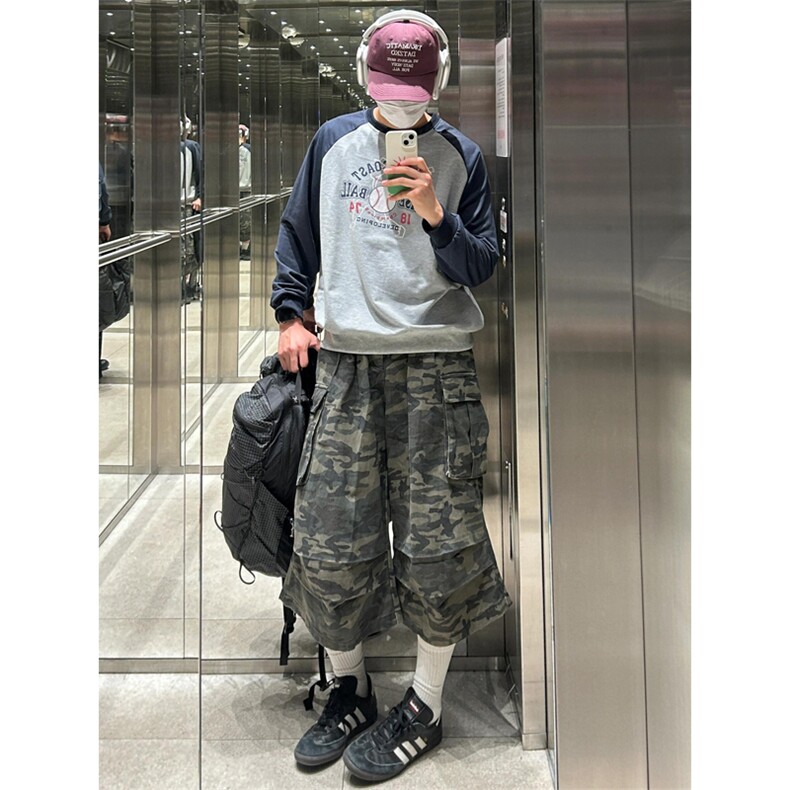 网图有货美式复古迷彩工装裤男女宽松直筒阔腿七分裤A374-P50,男装休闲裤,星座1505