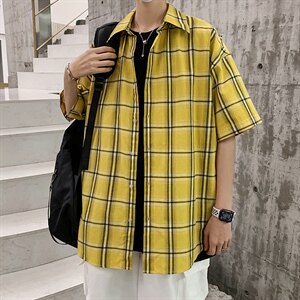 21年夏季短袖衬衫男宽松落肩港风格子衬衫男DS-C407-CS307-P35图片