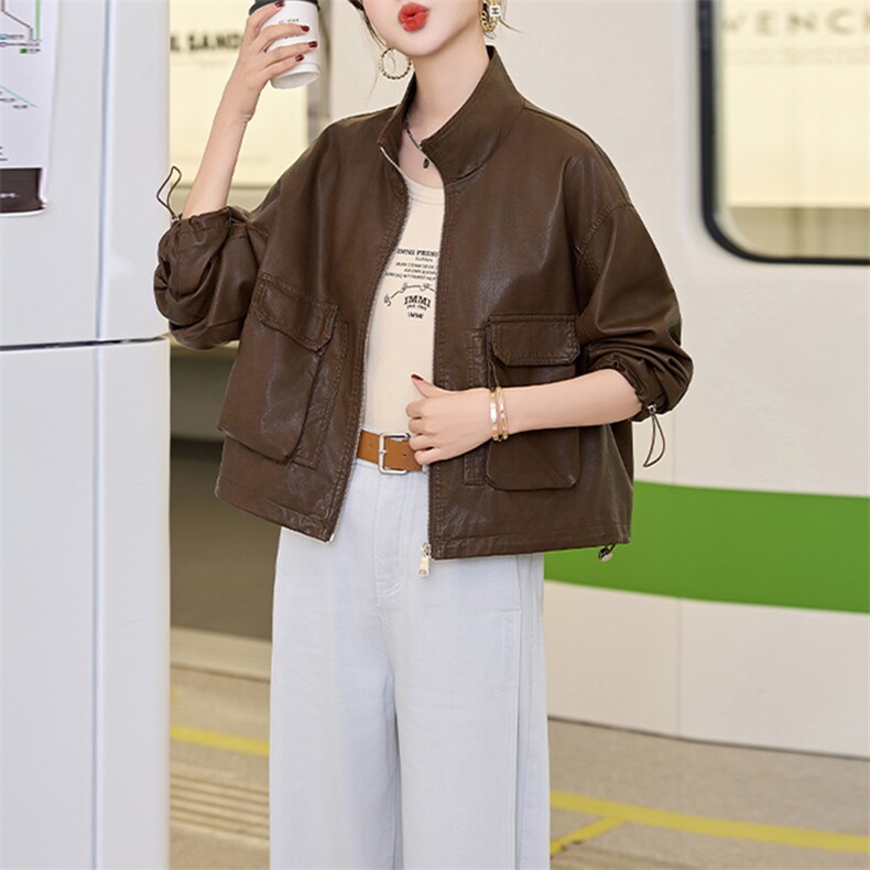 欧货立领皮衣外套女2025春秋新款小个子休闲宽松百搭机车夹克上衣图片