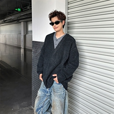 假两件V领毛衣男款秋冬美式针织衫老钱风慵懒开衫外套MY09572-P60，男装针织衫/毛衣，星座308B-2