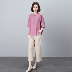 棉麻刺绣衬衫套装女2025夏装新款时尚中年妈妈宽松减龄亚麻两件套，女装套装/套裙，依恋蒂丝