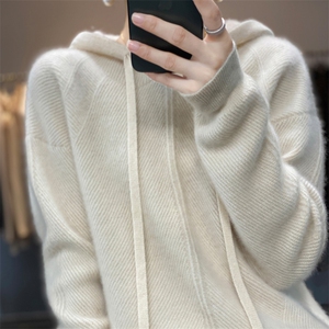 25秋冬新款100%纯羊毛连帽抽绳卫衣女宽松套头毛衣针织羊绒衫上衣图片
