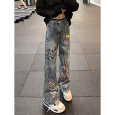 耐磨水洗牛仔布蓝色拉链高腰美式复古高街涂鸦牛仔裤男款秋季长裤，男装牛仔裤，星座506A