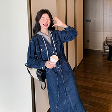 牛仔连衣裙女秋拼接假两件2024秋新款连帽休闲宽松减龄工装连衣裙，女装连衣裙，慧尚依恋