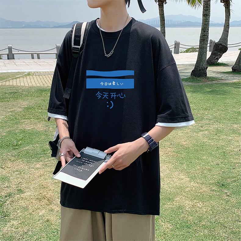 JT55033-P25假两件短袖t恤男大码胖子半袖体恤半截袖港风,男装T恤,电商A040