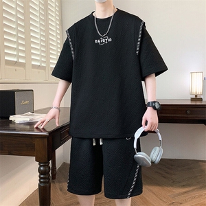 男士夏季潮牌拼接印花休闲运动五短裤套装潮流图片