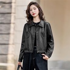 复古翻领皮衣外套女短款2025秋季新款高级感气质百搭pu皮夹克上衣，女装皮衣，臻衣坊