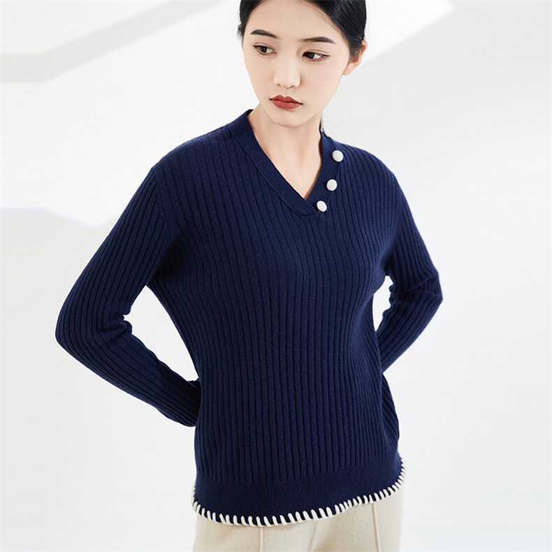 秋冬季新款时尚显瘦V领抽条美拉德风羊毛衫,女装羊毛衫,奢优羊绒