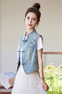 现货2024春季新款无袖百搭牛仔马甲新中式坎肩马甲外套女刺绣上衣图片