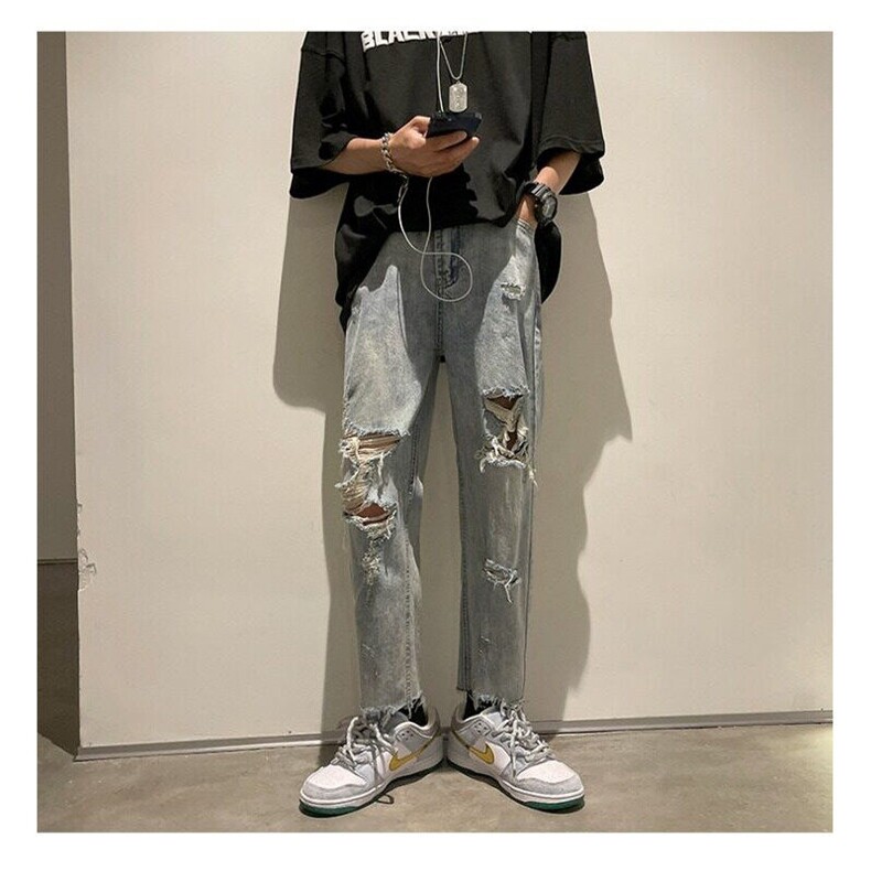 破洞裤子男装做旧潮牌高街直筒九分美式街头夏季hiphop牛仔裤薄款,男装牛仔裤,星座506A