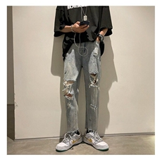 破洞裤子男装做旧潮牌高街直筒九分美式街头夏季hiphop牛仔裤薄款，男装牛仔裤，星座506A