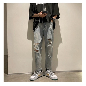 破洞裤子男装做旧潮牌高街直筒九分美式街头夏季hiphop牛仔裤薄款图片