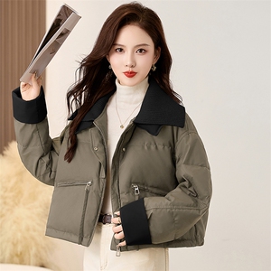 小个子短款羽绒服女2025冬季新款韩版洋气pu皮针织翻领白鸭绒外套图片