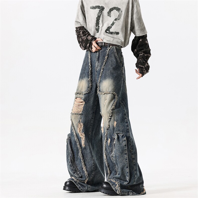 重磅小众解构流苏破洞牛仔裤复古做旧大口袋设计感裤子NZ091-P73，男装牛仔裤，星座308B-2