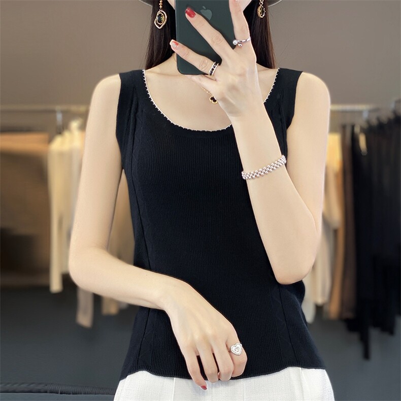女圆领套头吊带背心修身纯色内搭外穿打底衫上衣针织无袖新款背心，女装背心吊带，暖烁羊绒