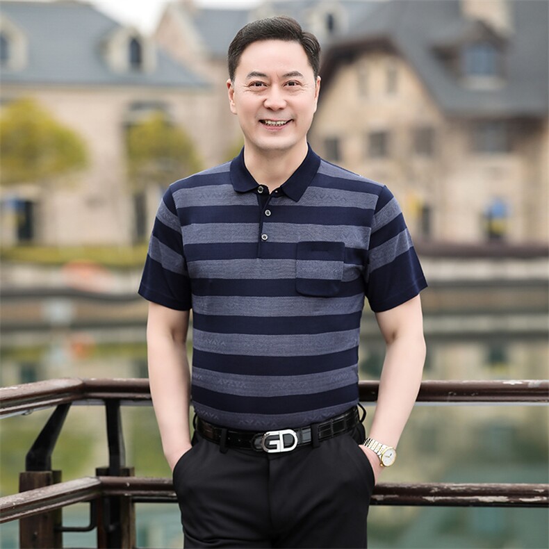 2025新款夏季爸爸装真口袋短袖t恤中老年男装翻领休闲冰丝POLO衫,男装T恤,星座1109