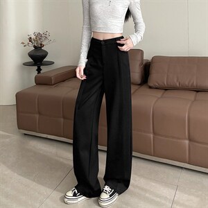 春款小众设计窄版直筒裤宽松显瘦侧拼接防牛仔拖地西装裤女，女装休闲裤，云美莎专业女裤-全店现货