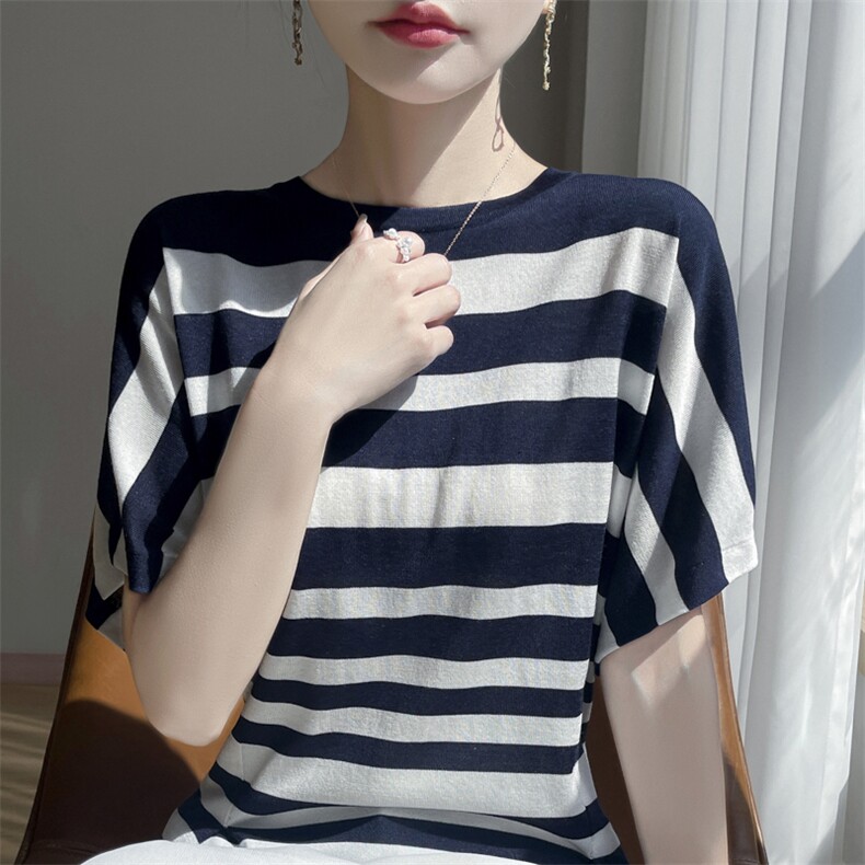 法式轻薄条纹短袖针织T恤女25夏莱赛尔宽松显瘦遮肉别致时尚小衫图片