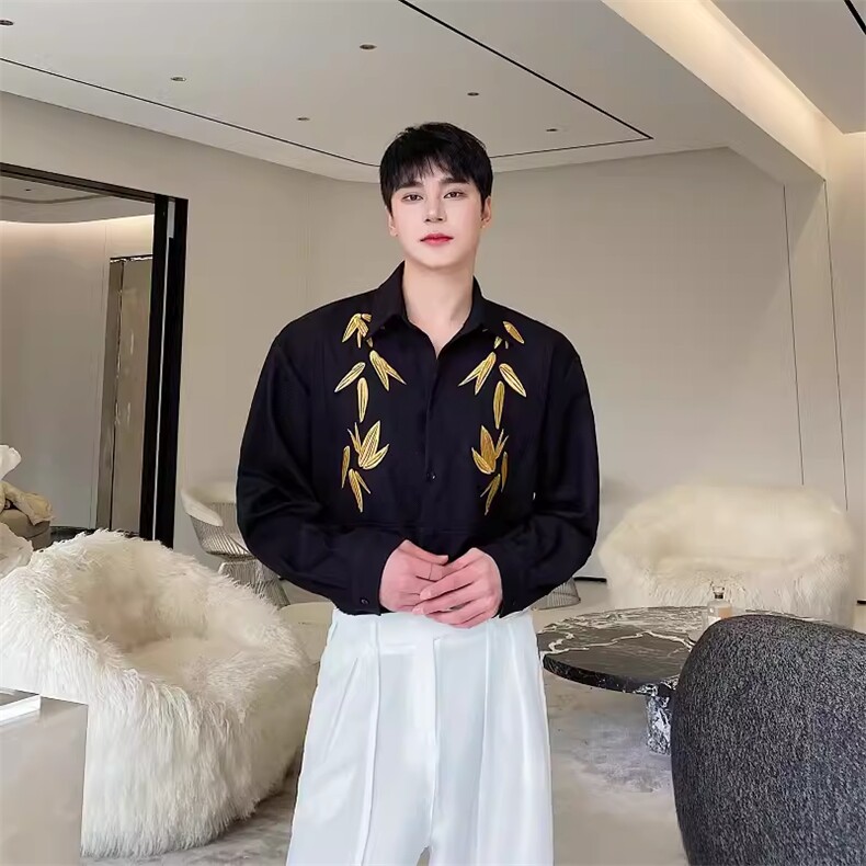 春季新款新中式刺绣翻领长袖男女衬衣潮流复古纯色风衬衫C203图片