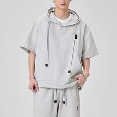 2025夏季新款男士短袖短裤时尚潮流百搭帅气宽松透气连帽休闲套装，男装牛仔裤，星座506A