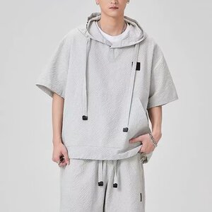 2025夏季新款男士短袖短裤时尚潮流百搭帅气宽松透气连帽休闲套装图片