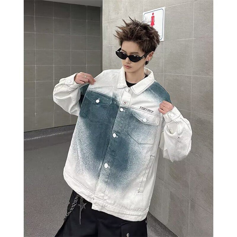 美式小众喷染牛仔夹克男春秋季潮牌复古嘻哈工装休闲宽松翻领外套，男装夹克，星座506