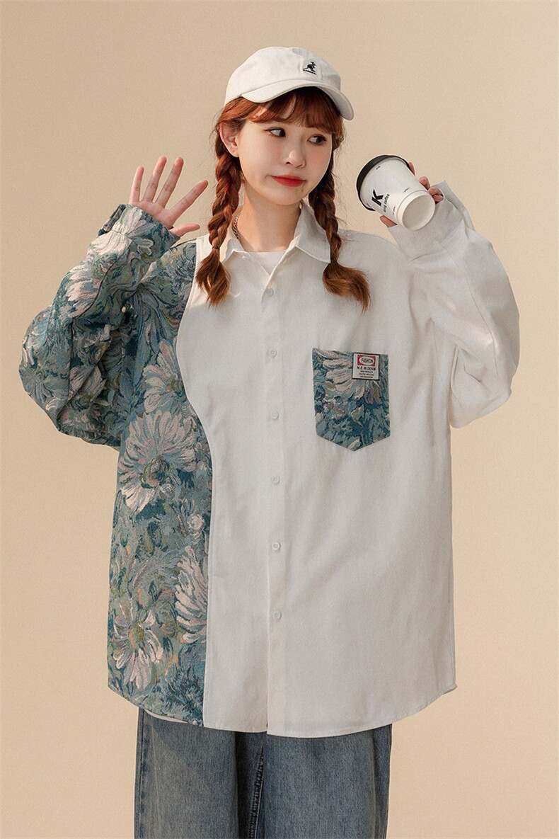 1中性风花型拼接长袖衬衫女大码情侣潮长袖衬衫男CS7714P60控88,男装衬衫,星座226-2