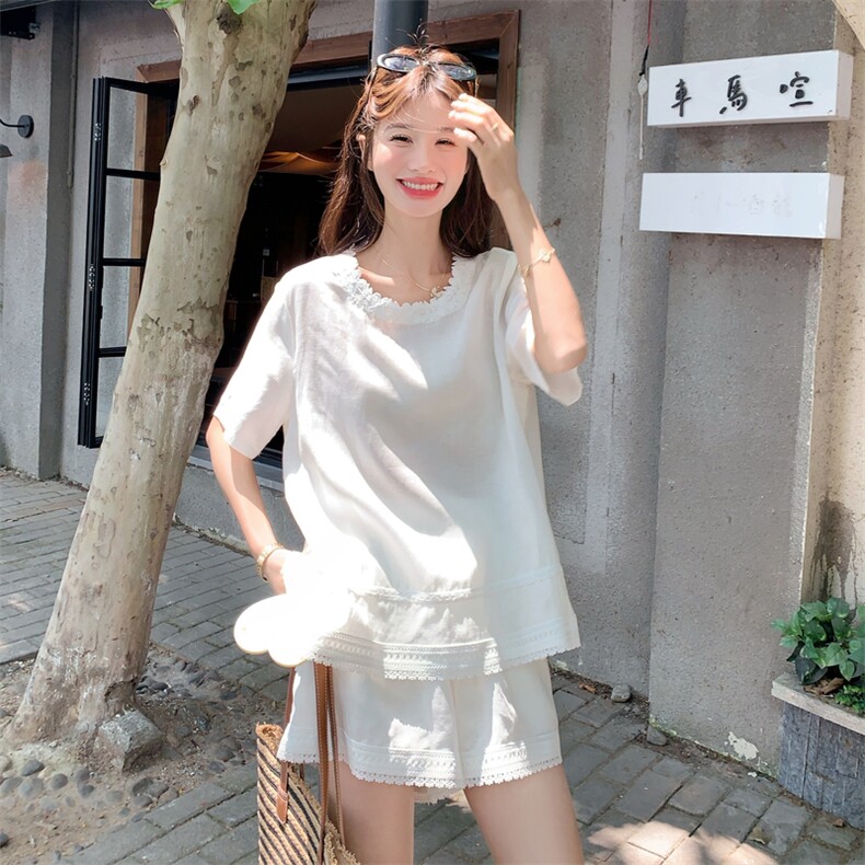 白色蕾丝拼接衬衫短裤套装女夏韩里韩气极简设计感两件套小众爆款,女装套装/套裙,2D076