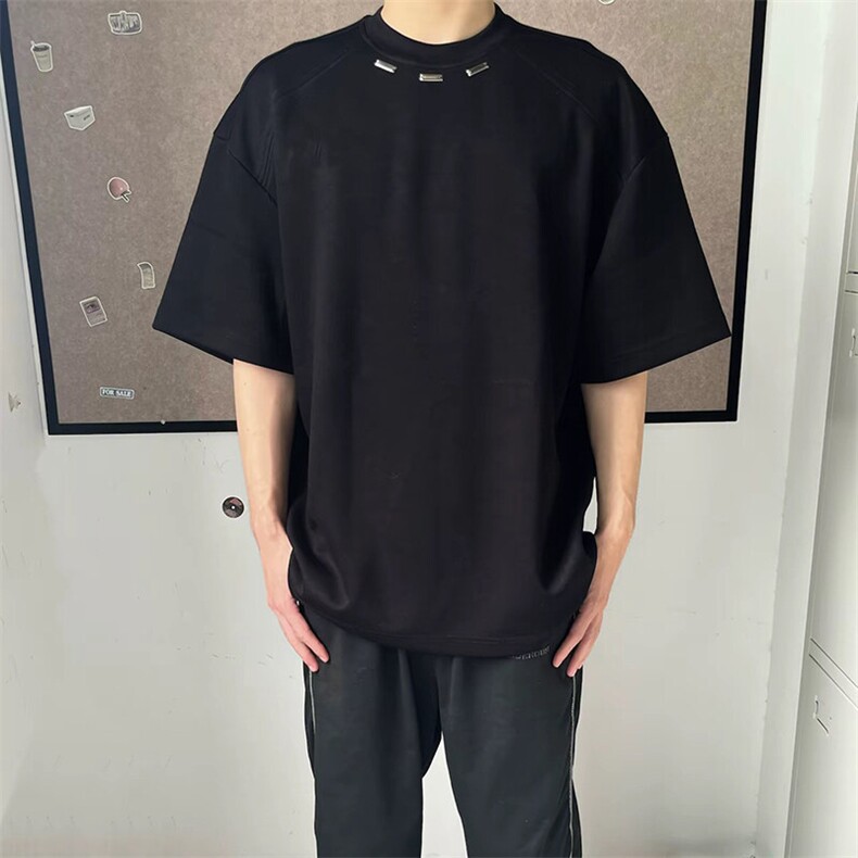 抖音得物品质二开240克宽松纯棉美式高街痞帅潮牌金属装饰短袖T恤,男装T恤,电商A486-1