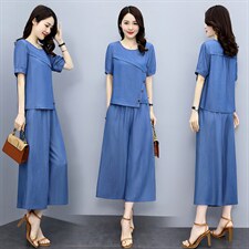 小个子天丝阔腿裤套装女2025年夏季新款气质显瘦休闲牛仔两件套潮，女装套装/套裙，魅影