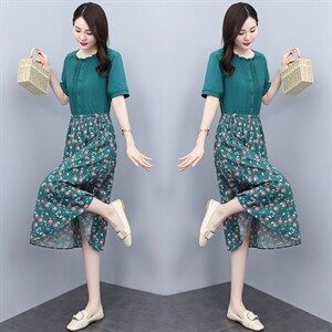 高档棉麻连衣裙女2022夏季新款修身显瘦洋气减龄印花拼接短袖裙子图片