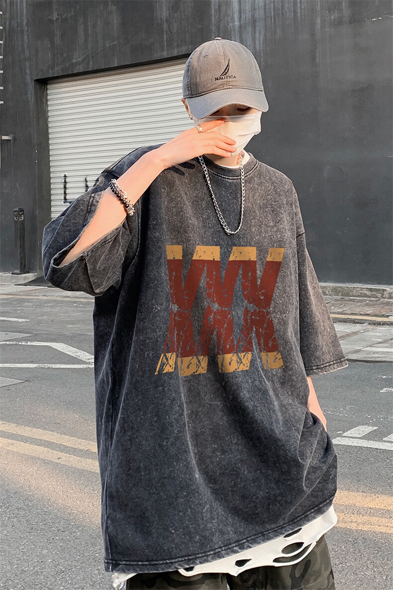 B239-X1026-P38美式字母做旧水洗短袖落肩袖短袖T恤男,男装T恤,星座514-2(原B239)