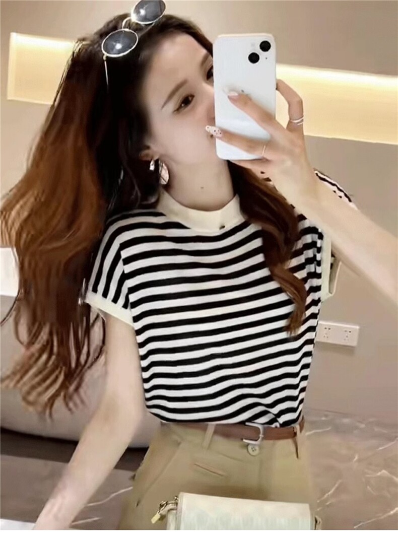 夏季新款条纹飞飞袖羊毛短袖女,女装T恤,佳弈羊绒