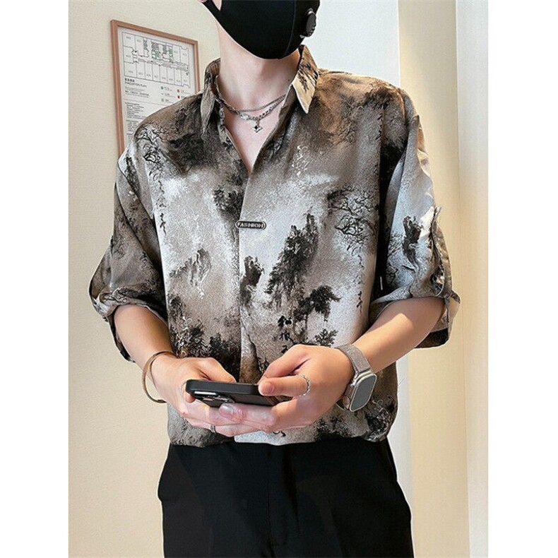 新中式风衬衫男短袖休闲痞帅水墨扎染衬衣男士夏装上衣CA683,男装衬衫,星座1116A-2（原606A-1）