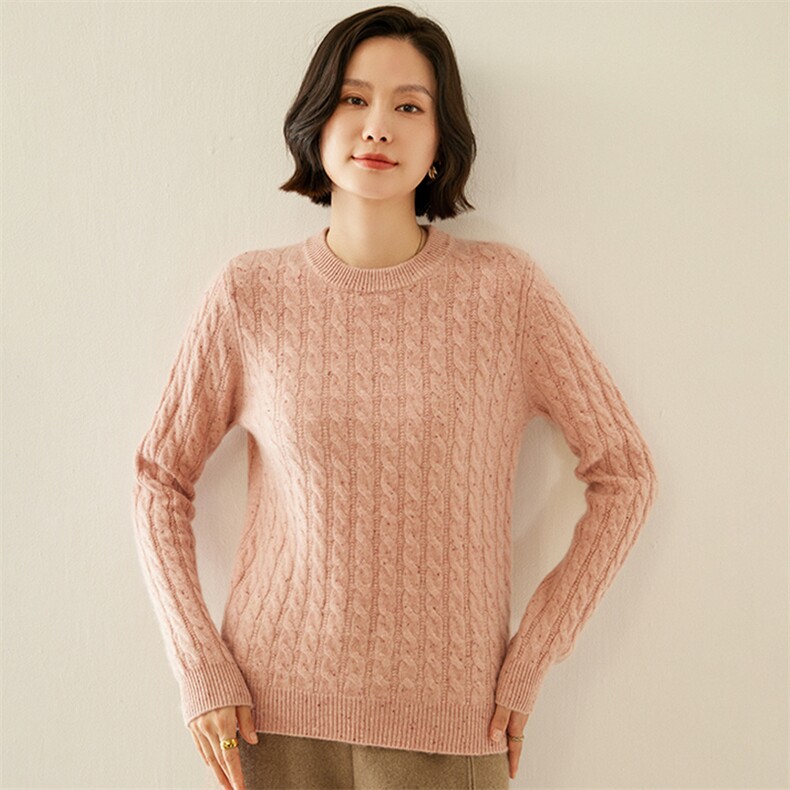 加厚彩点纱纯山羊绒衫女圆领毛衣秋冬扭花套头百搭针织打底衫,女装羊绒衫,纳丰羊绒
