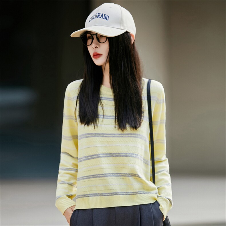 2025秋冬圆领内搭休闲显瘦打底衫毛衣女百搭时尚条纹针织衫上衣，女装针织衫/毛衣，菲奥羊绒