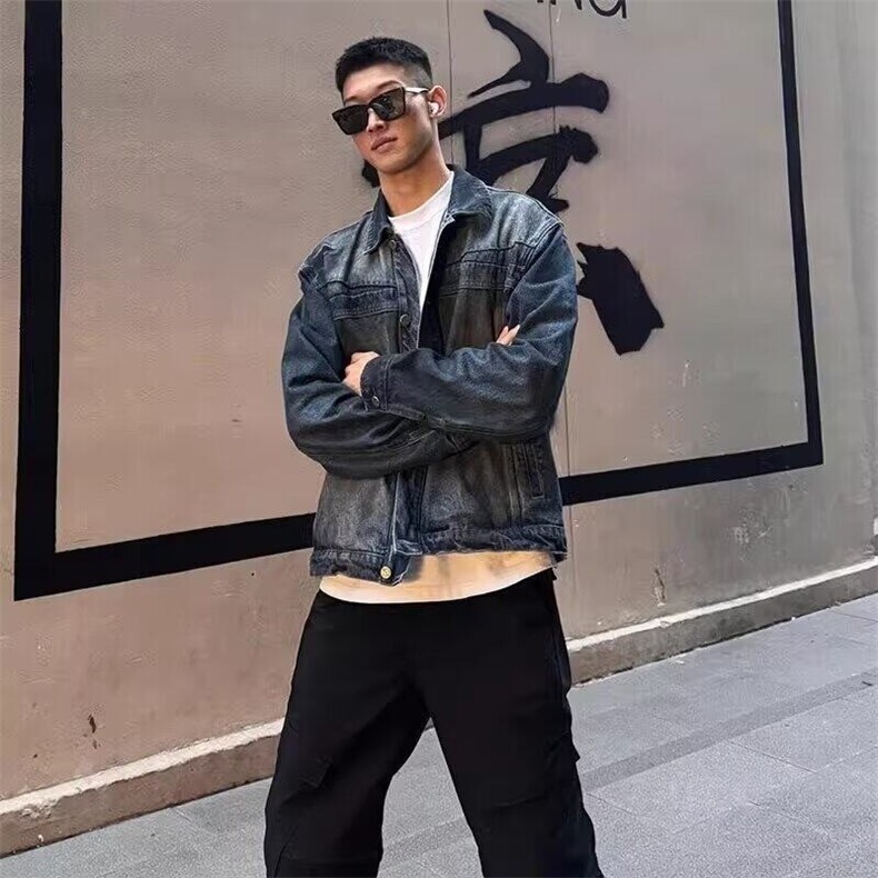25春废土风美式做旧水洗牛仔外套男夹克衬衫牛仔褂上衣JKK06p95特,男装衬衫,电商D256-2(原A064-2)