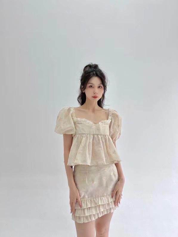 泡泡袖娃娃领套装，女装职业装，HE