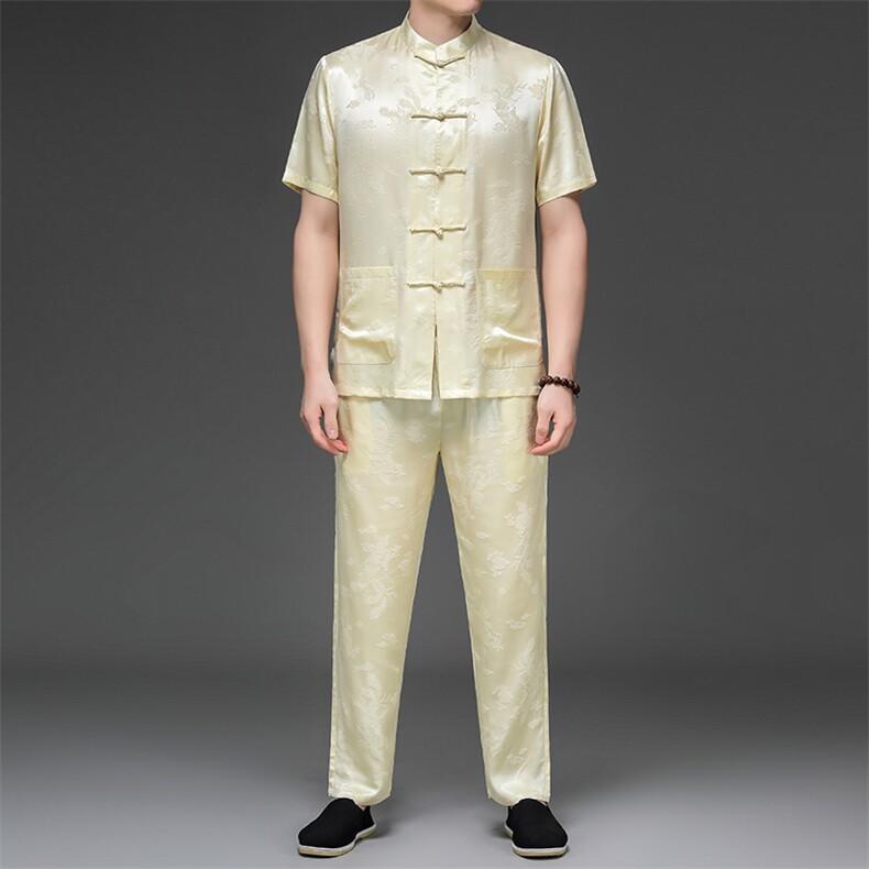 GBNA19夏男薄款短袖风纽扣休闲套装中老年爸爸装唐装P500，男装民族服装，电商B360
