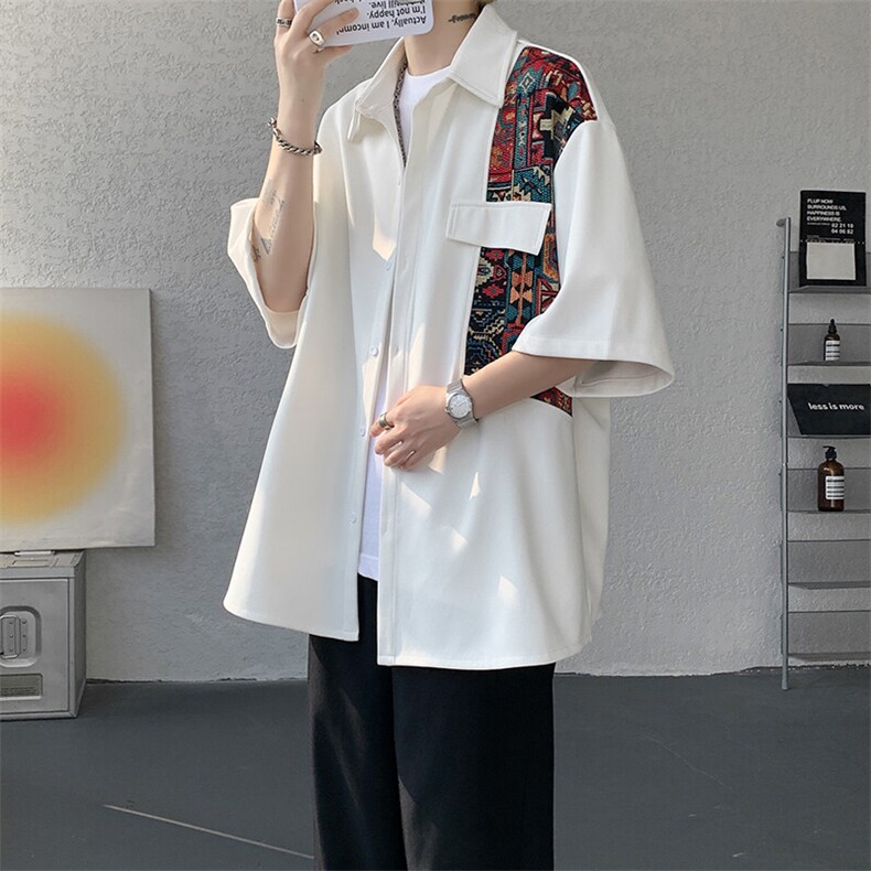 8XL-M民族风拼接短袖衬衫男夏季痞帅半袖衬衣薄款外套DC28009P45,男装衬衫,电商B312