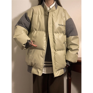 中性风黄灯毛线衣拼接PU皮棉衣男：聚酯纤维MY78756P140控198图片