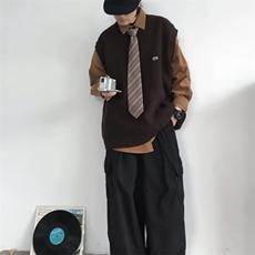 0127-P40日系复古菠萝纹针织背心男女ins秋季宽松潮流情侣无袖，男装背心/马甲，电商B323A