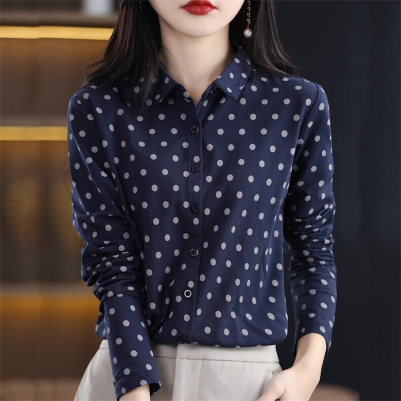 印染标准波点运动风御姐蓝衬衫女士印花宫廷风西域风春秋显瘦气质，女装衬衫，臻维羊绒