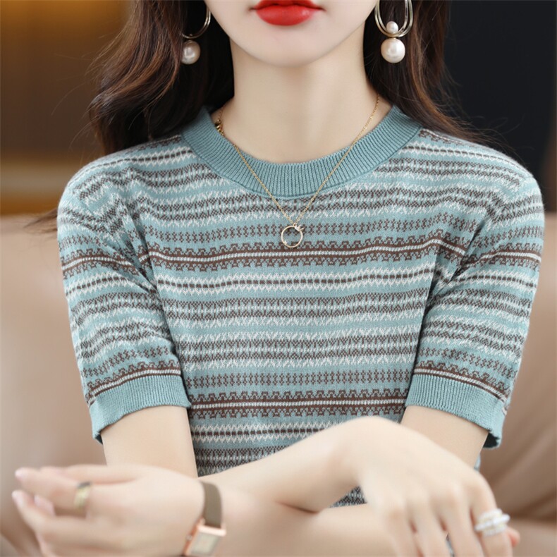 夏季新款100纯棉宽松短袖女圆领条纹拼色t恤百搭针织棉麻半袖上衣,女装T恤,忠诺羊绒