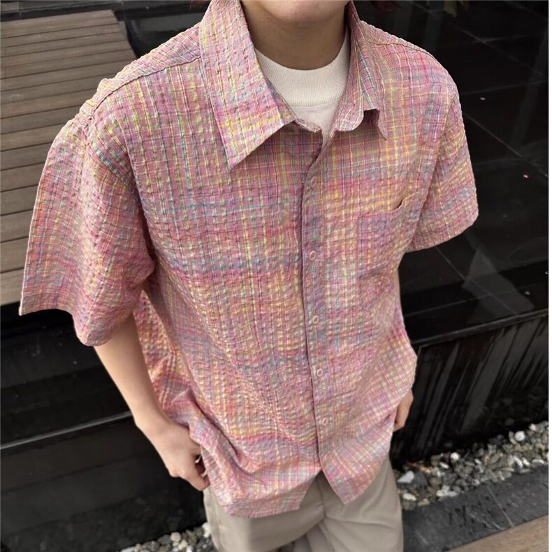 粉色泡泡格子休闲短袖衬衫潮牌复古撞色宽松翻领外套男痞帅衬衣潮,男装T恤,星座218-1（原230）