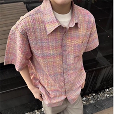 粉色泡泡格子休闲短袖衬衫潮牌复古撞色宽松翻领外套男痞帅衬衣潮，男装T恤，星座218-1（原230）