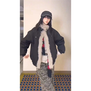 现货重磅硬挺boxy羽绒棉衣座山雕大毛毛领洗水麂皮棉服冬外套图片