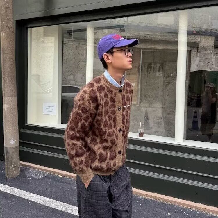 美式复古豹纹提花马海毛开衫毛衣男女秋冬宽松百搭慵懒针织衫外套图片