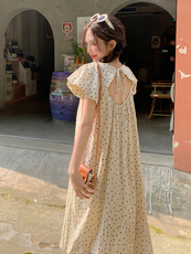 白色波点小飞袖连衣裙女2024夏新款韩版宽松显瘦慵懒风中长款裙子，女装连衣裙，蝶眷
