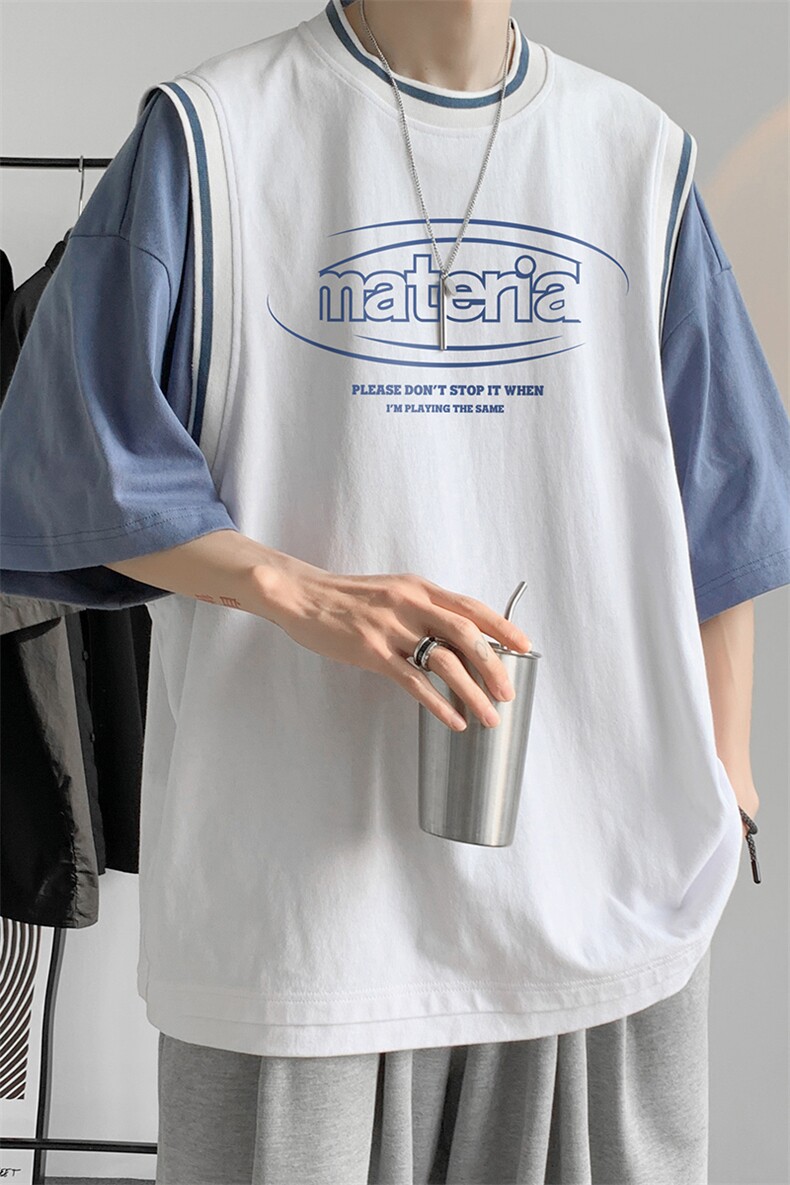 港风假两件拼色纯棉夏季新款短袖T恤宽松新潮T6602P40控58,男装T恤,电商A268A